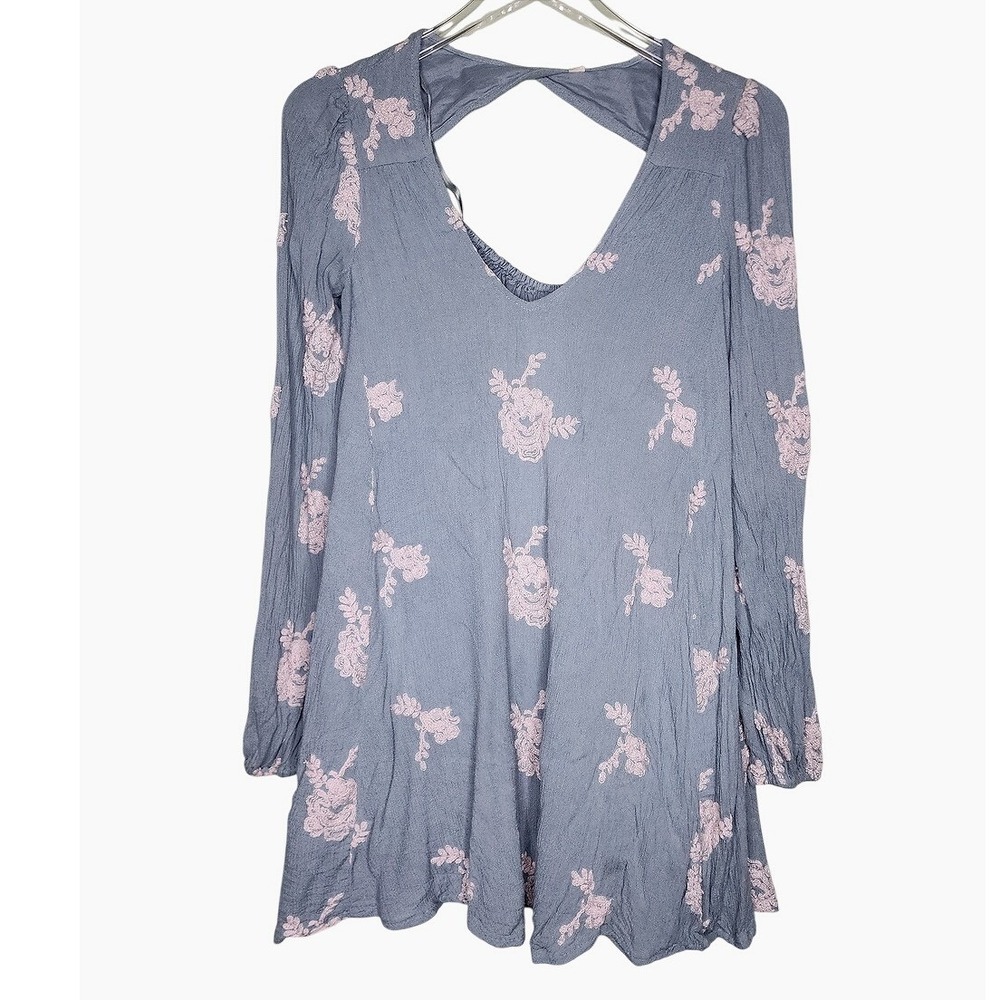 Free People Emma Boho Dress Blue Floral Swing‎ Mini Cottage Gauzy Embroidered XS